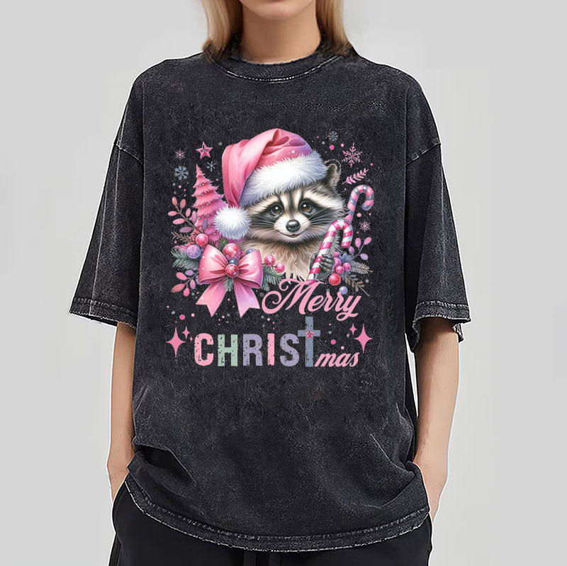 Cust Pink Santa Raccoon Christmas Christian Washed T-Shirt
