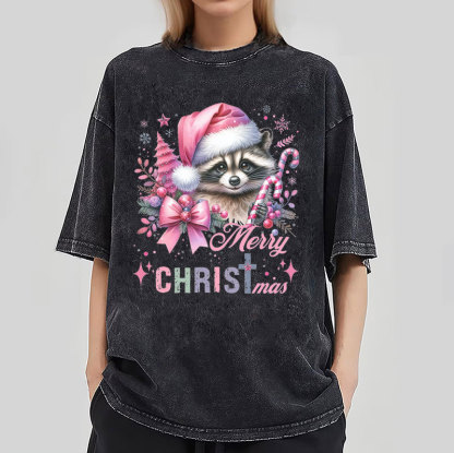 Cust Pink Santa Raccoon Christmas Christian Washed T-Shirt