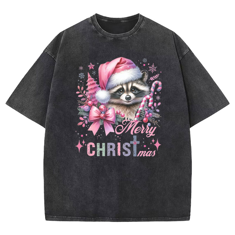 Cust Pink Santa Raccoon Christmas Christian Washed T-Shirt