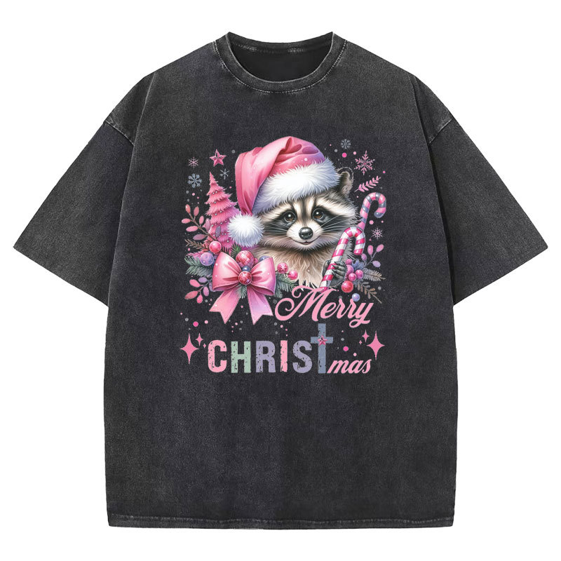 Cust Pink Santa Raccoon Christmas Christian Washed T-Shirt