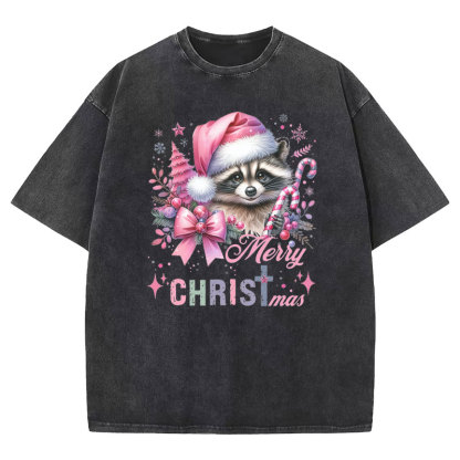 Cust Pink Santa Raccoon Christmas Christian Washed T-Shirt