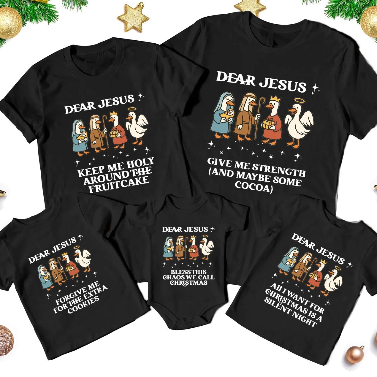 Personalized Dear Jesus Funny Goose Christian Family Christmas Matching Shirts