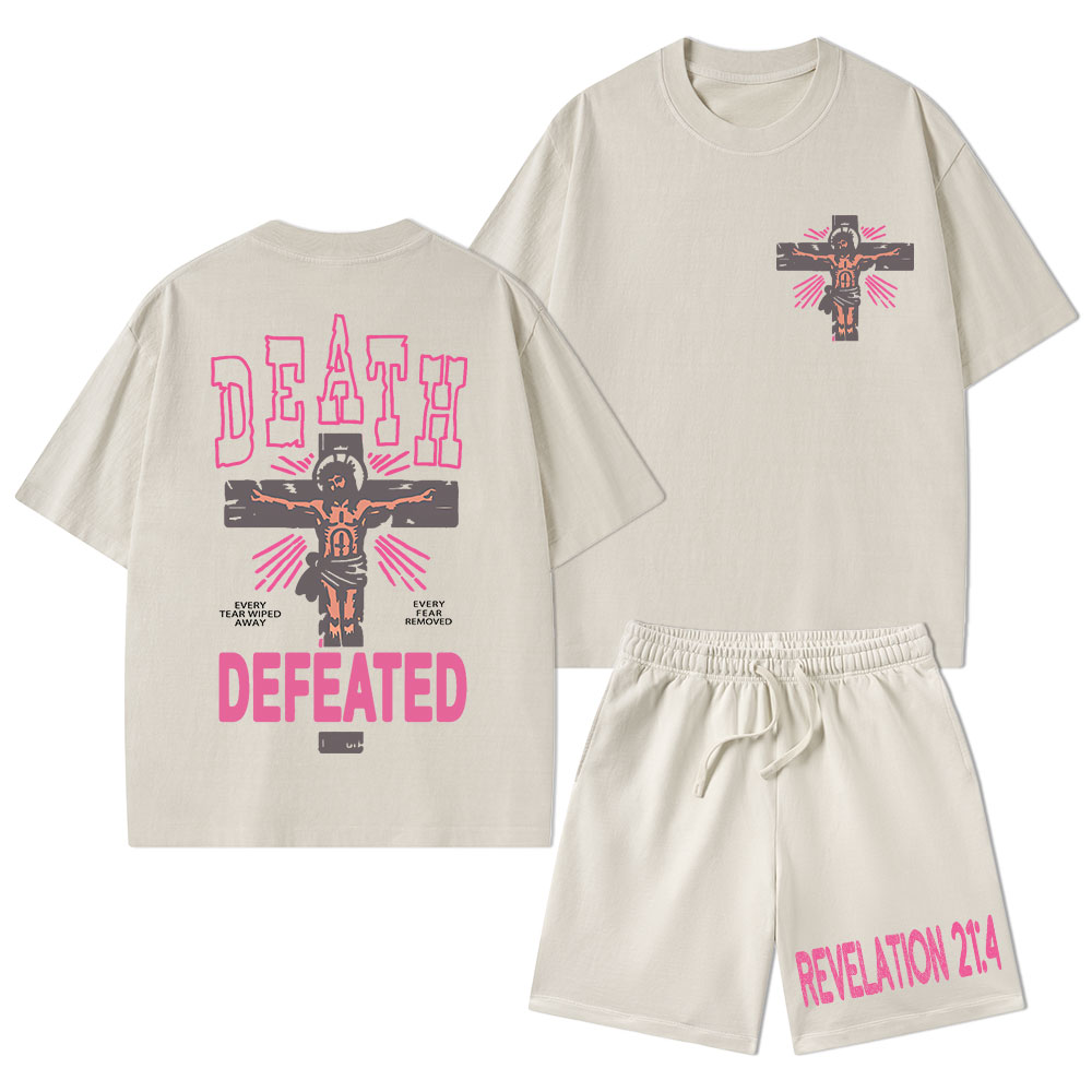 Death Defeated Christian Washed T-Shirt & Shorts