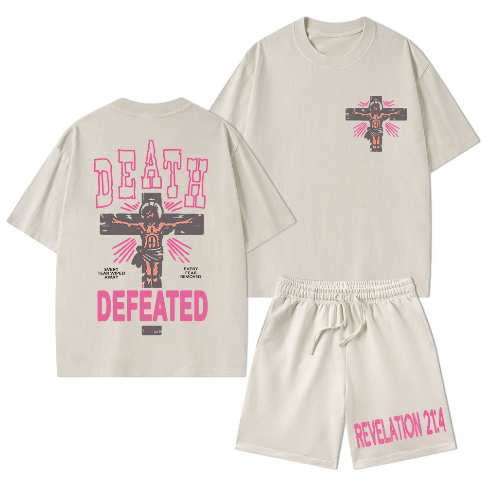 Death Defeated Christian Washed T-Shirt & Shorts