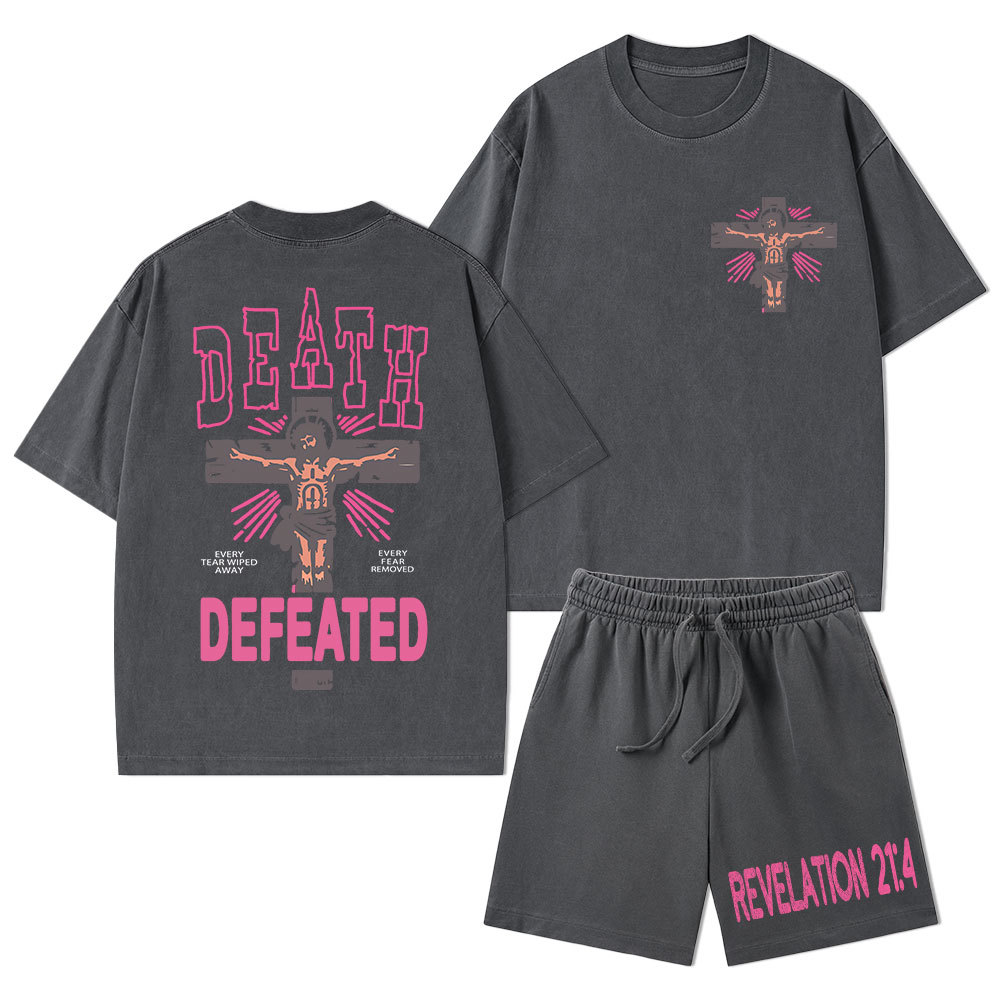 Death Defeated Christian Washed T-Shirt & Shorts