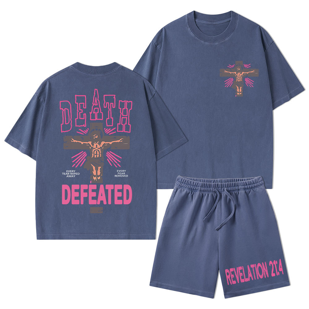Death Defeated Christian Washed T-Shirt & Shorts