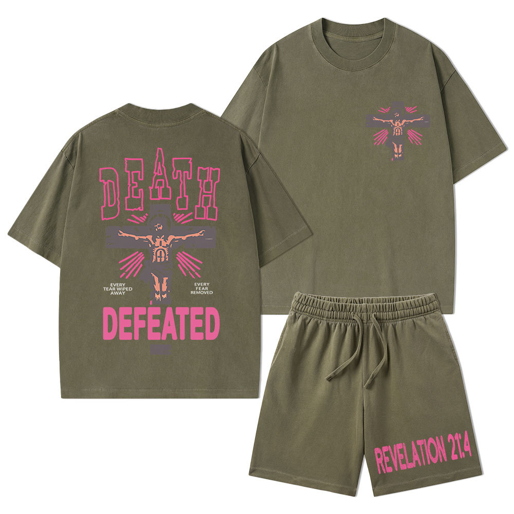 Death Defeated Christian Washed T-Shirt & Shorts