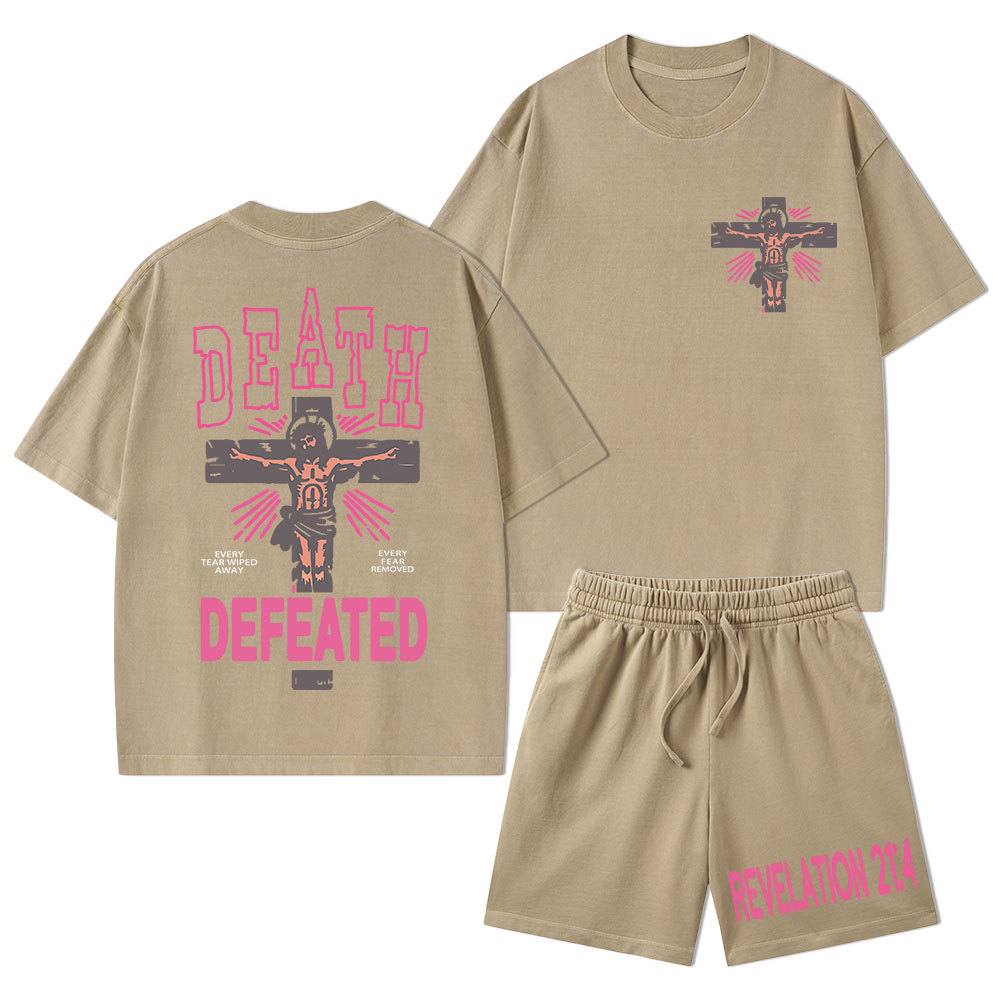 Death Defeated Christian Washed T-Shirt & Shorts