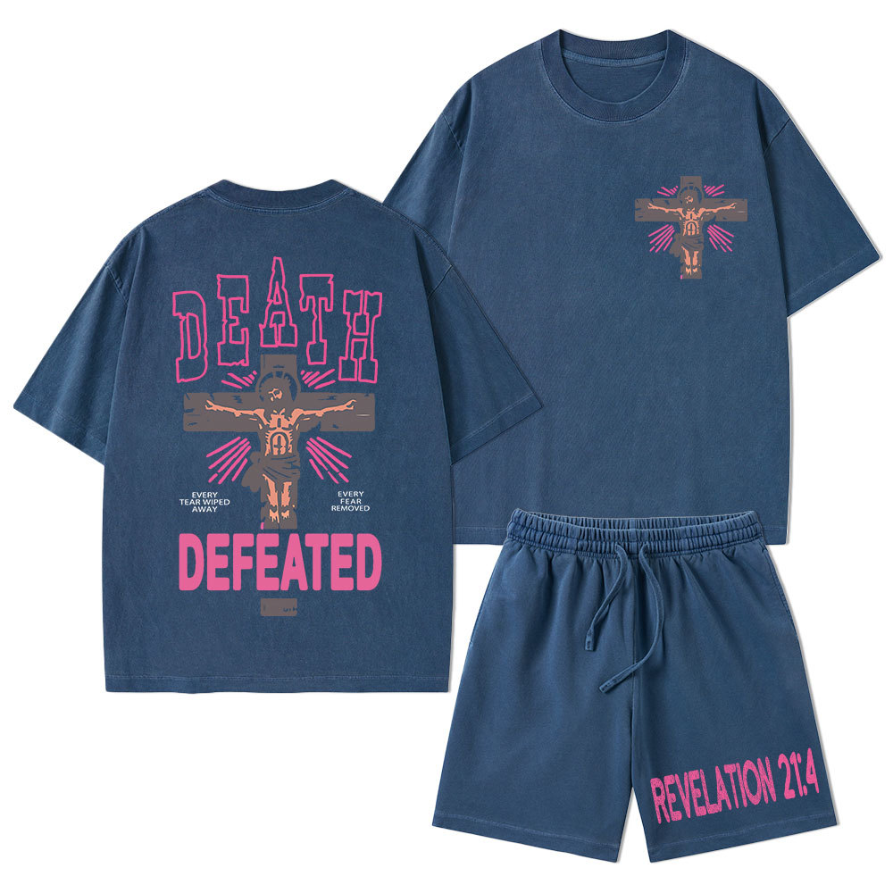 Death Defeated Christian Washed T-Shirt & Shorts