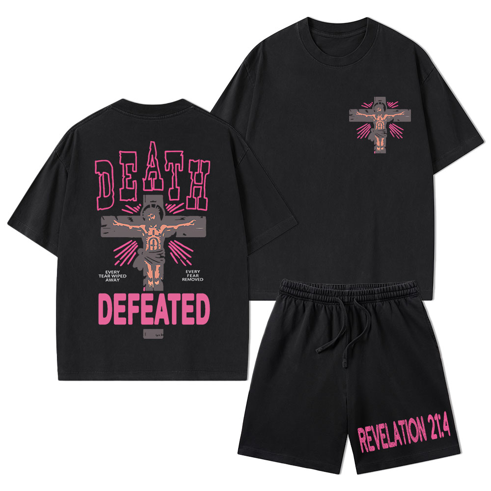 Death Defeated Christian Washed T-Shirt & Shorts