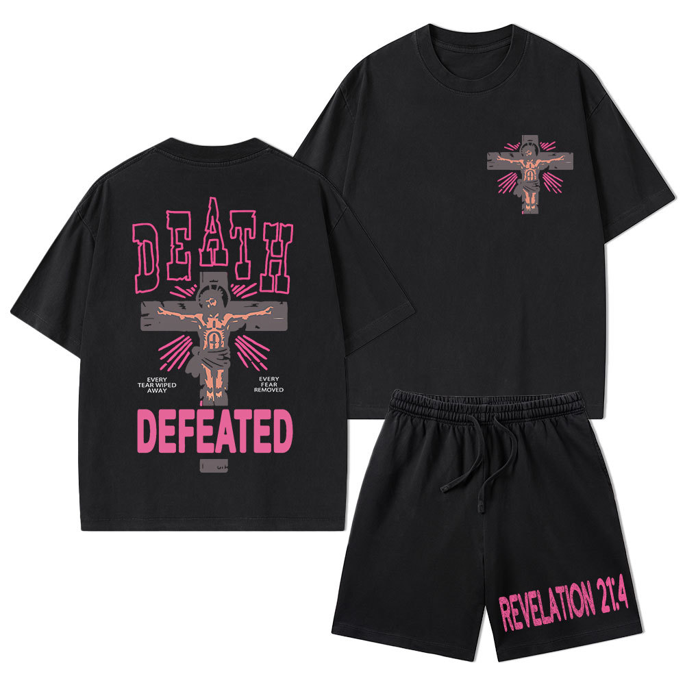 Death Defeated Christian Washed T-Shirt & Shorts