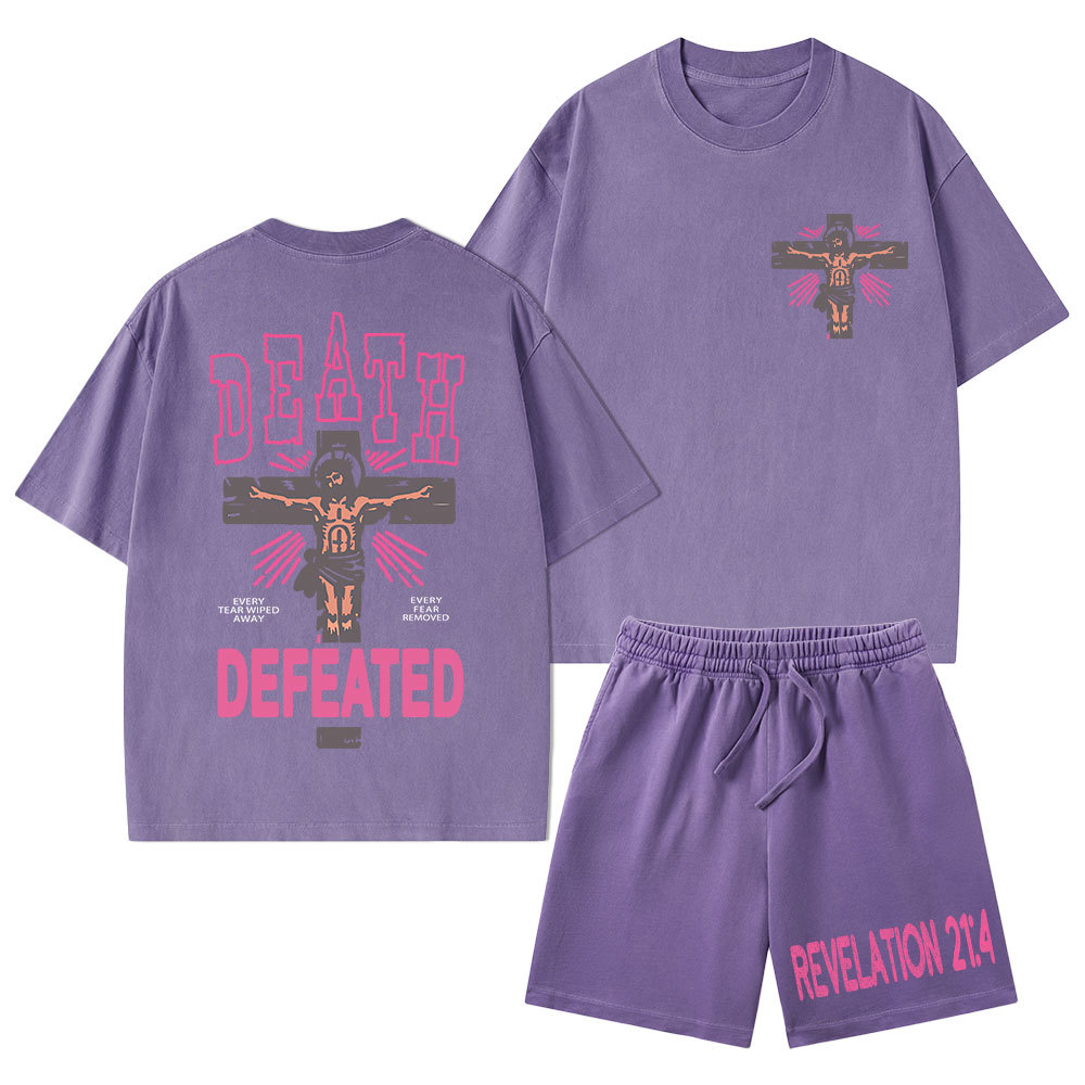 Death Defeated Christian Washed T-Shirt & Shorts