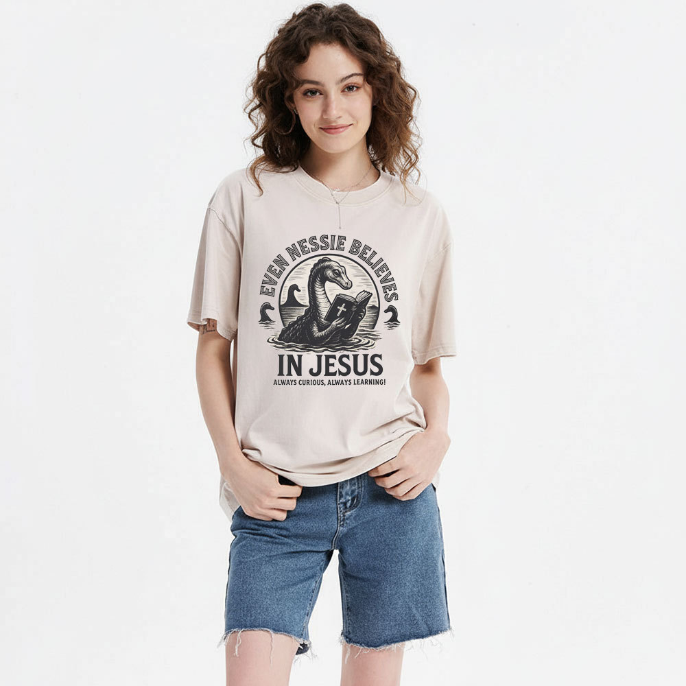 Even Nessie Believes In Jesus Christian Washed T-Shirt