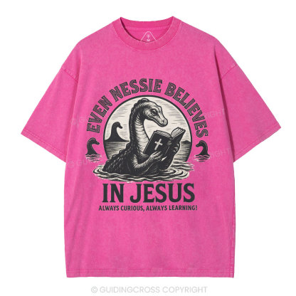 Even Nessie Believes In Jesus Christian Washed T-Shirt