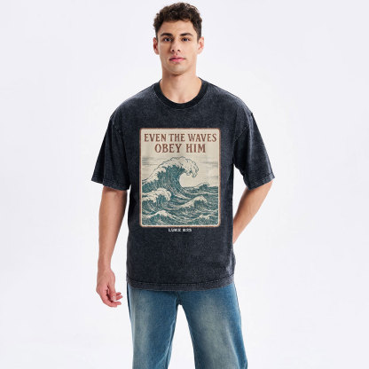 Even The Waves Obey Him Christian Washed T-Shirt
