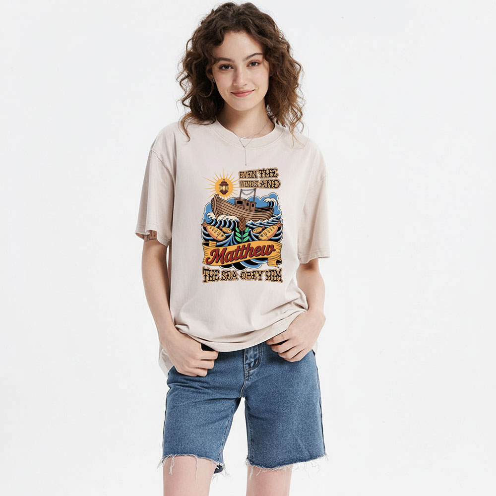 Even The Winds And The Sea Obey Him Christian Washed T-Shirt