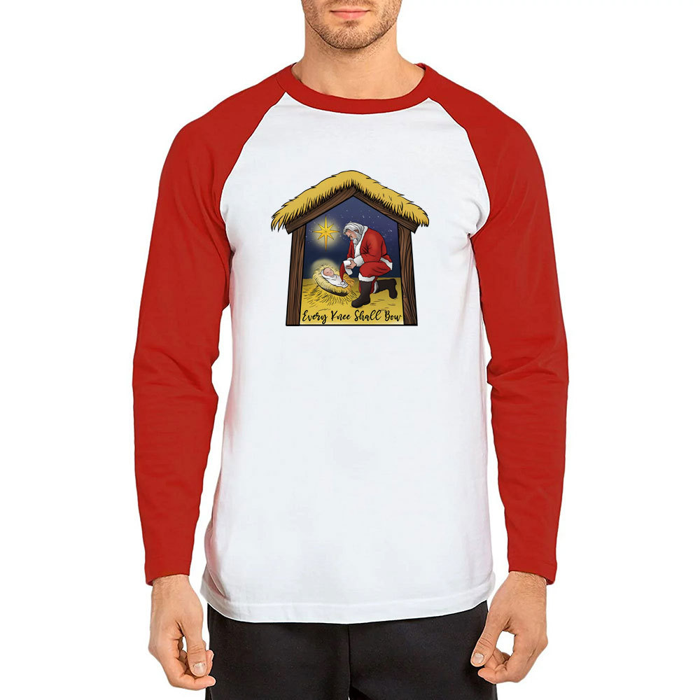 Every Knee Shall Bow Christmas Christian Raglan Long Sleeve T-Shirt