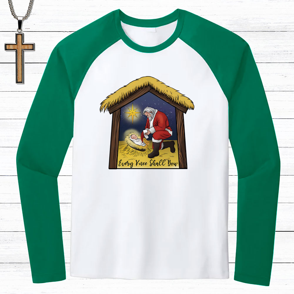 Every Knee Shall Bow Christmas Christian Raglan Long Sleeve T-Shirt