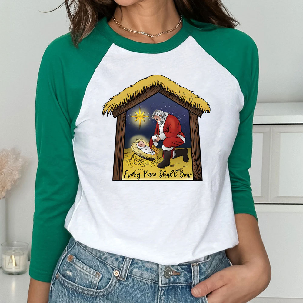 Every Knee Shall Bow Christmas Christian Raglan Long Sleeve T-Shirt