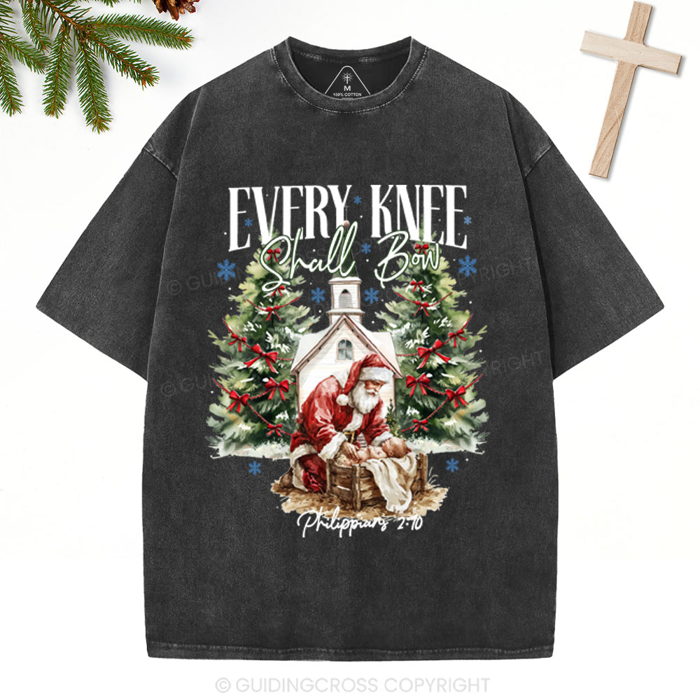 Every Kness Shall Bow Christian Christmas Washed T-Shirt