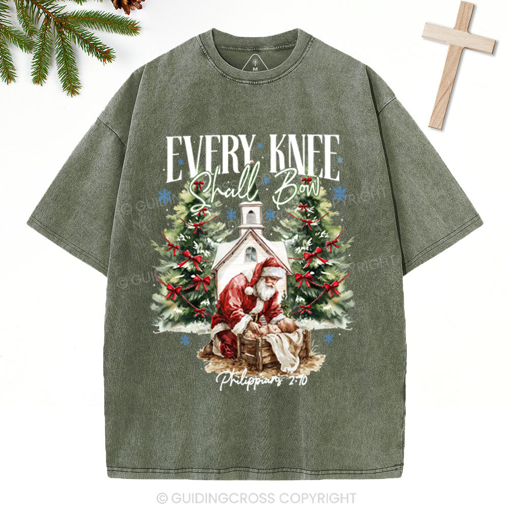 Every Kness Shall Bow Christian Christmas Washed T-Shirt