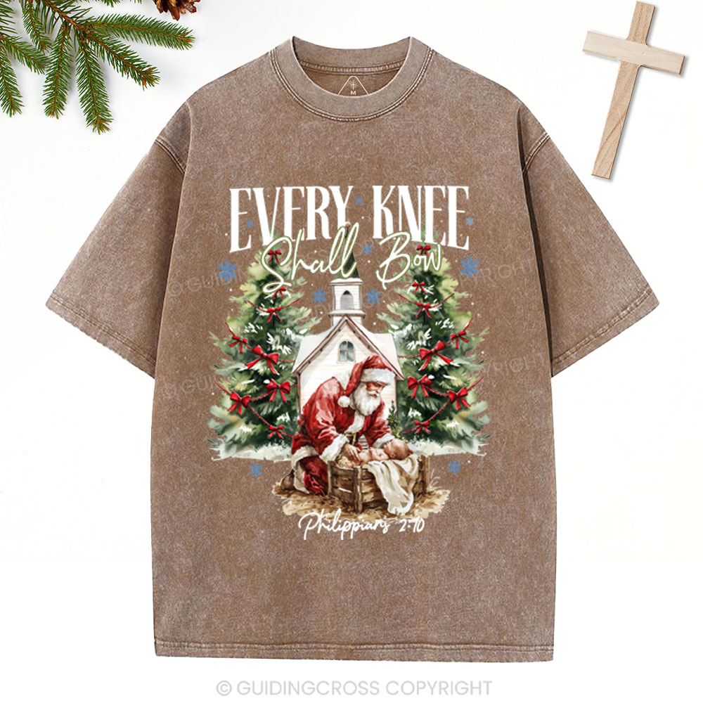 Every Kness Shall Bow Christian Christmas Washed T-Shirt