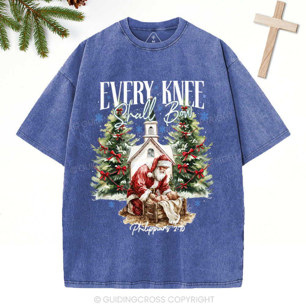 Every Kness Shall Bow Christian Christmas Washed T-Shirt