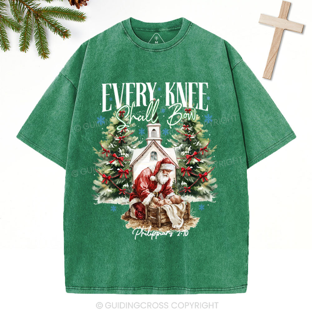 Every Kness Shall Bow Christian Christmas Washed T-Shirt