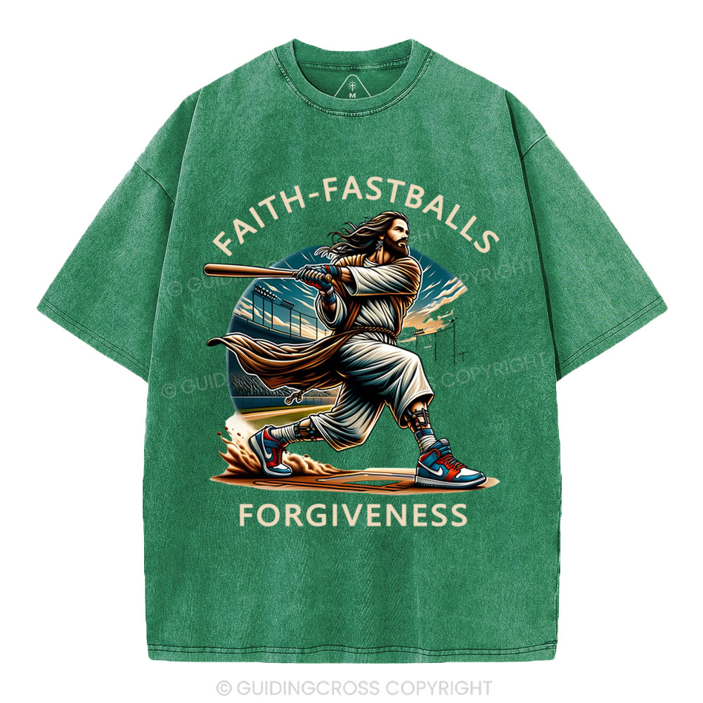 Faith Fastballs Forgiveness  Christian Washed T-Shirt