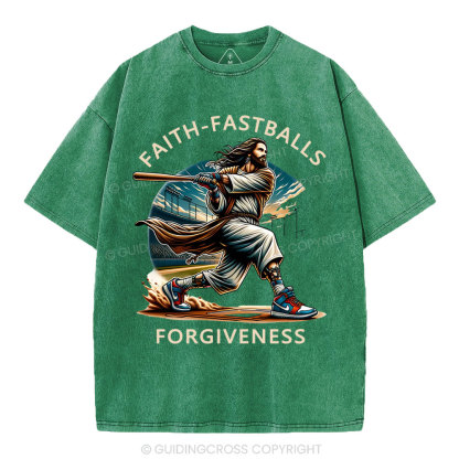 Faith Fastballs Forgiveness  Christian Washed T-Shirt