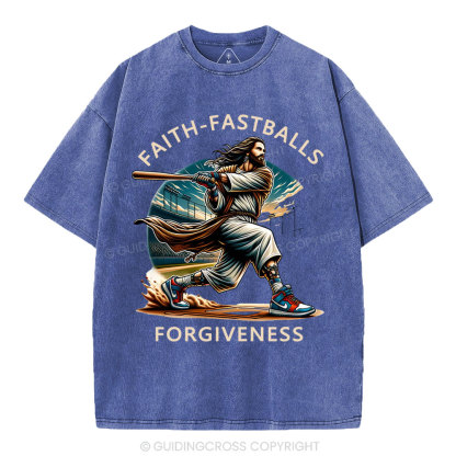 Faith Fastballs Forgiveness  Christian Washed T-Shirt