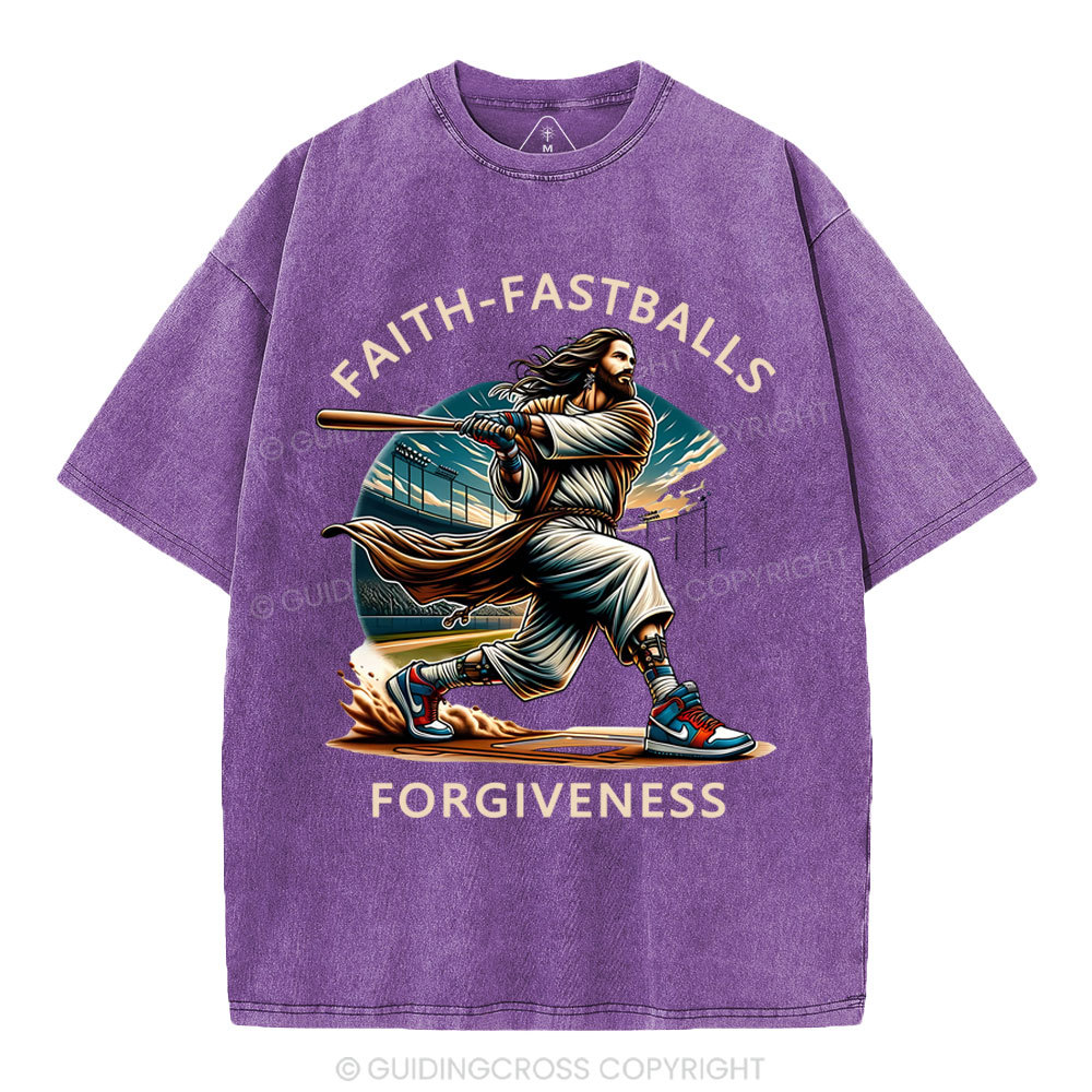 Faith Fastballs Forgiveness  Christian Washed T-Shirt