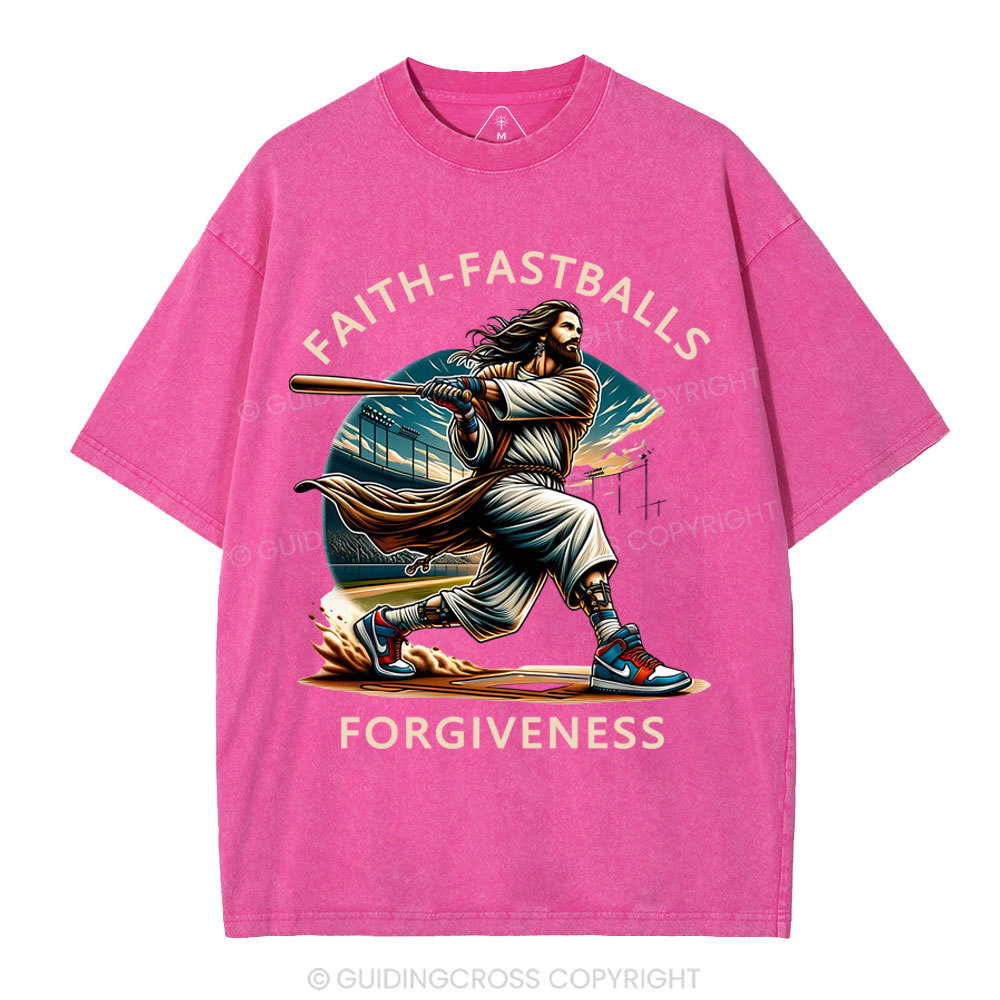 Faith Fastballs Forgiveness  Christian Washed T-Shirt