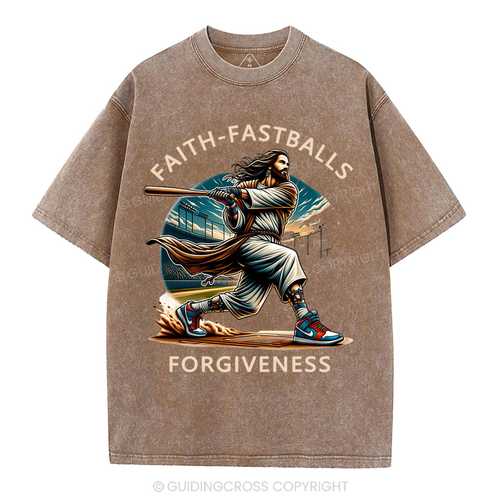 Faith Fastballs Forgiveness  Christian Washed T-Shirt