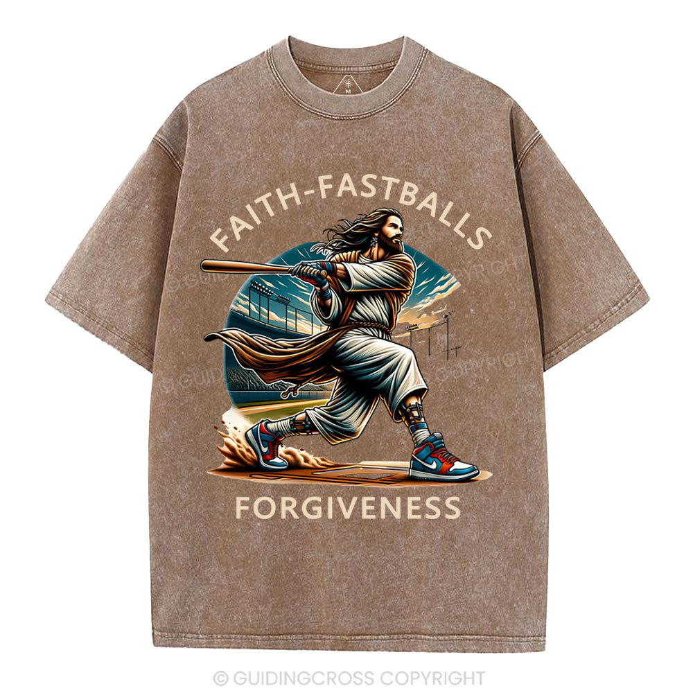Faith Fastballs Forgiveness  Christian Washed T-Shirt