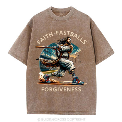 Faith Fastballs Forgiveness  Christian Washed T-Shirt
