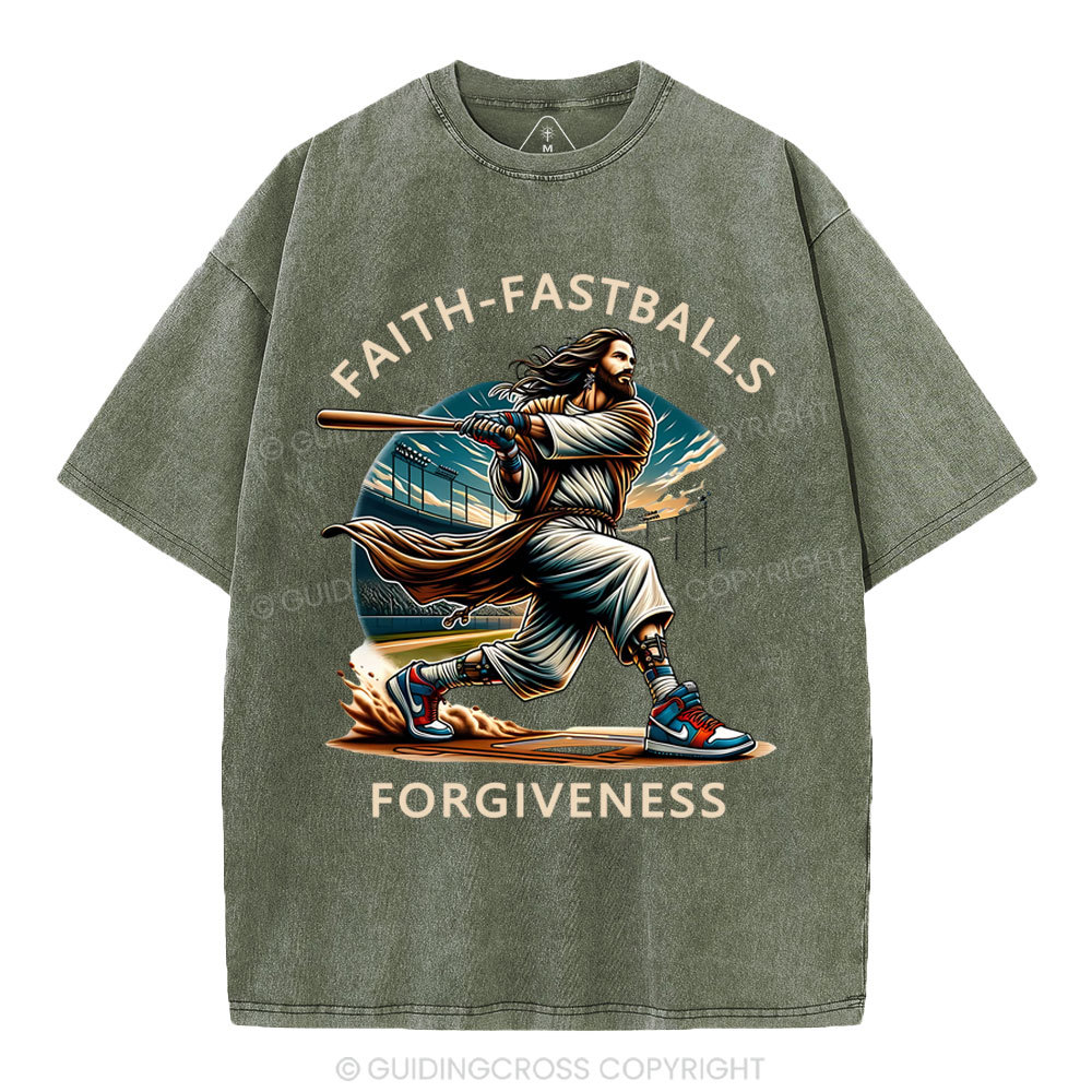 Faith Fastballs Forgiveness  Christian Washed T-Shirt