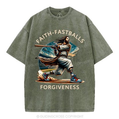 Faith Fastballs Forgiveness  Christian Washed T-Shirt