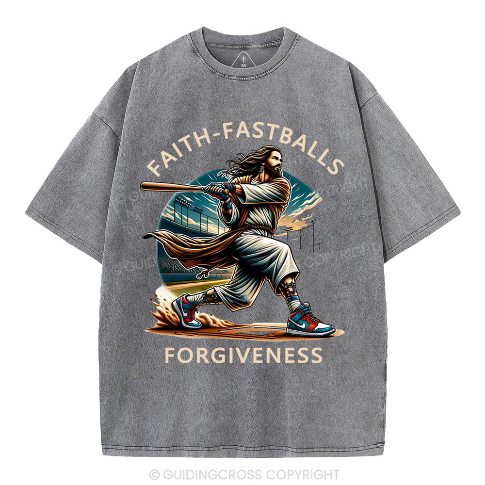 Faith Fastballs Forgiveness  Christian Washed T-Shirt