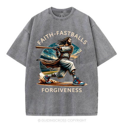 Faith Fastballs Forgiveness  Christian Washed T-Shirt