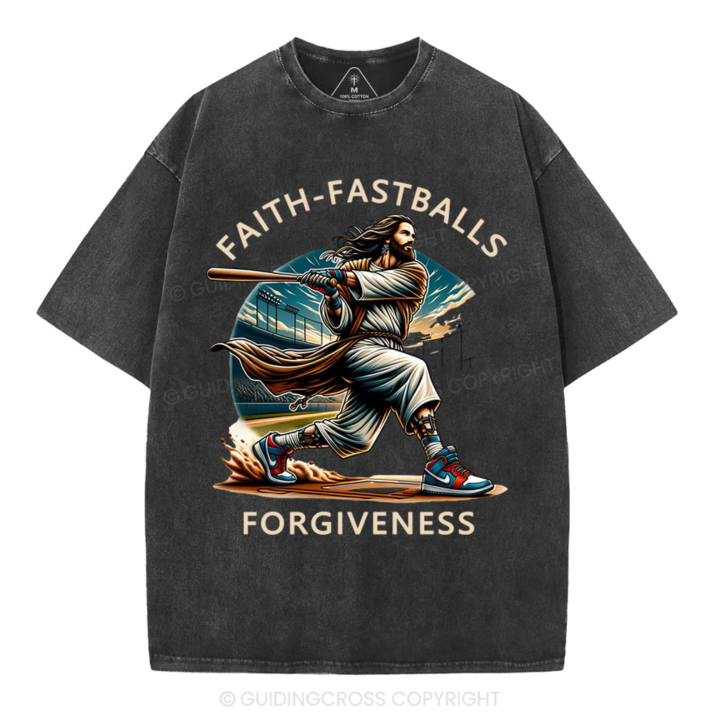 Faith Fastballs Forgiveness  Christian Washed T-Shirt