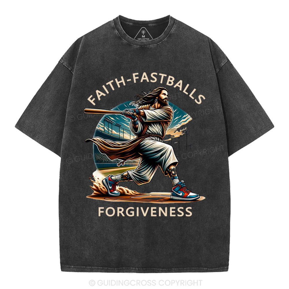Faith Fastballs Forgiveness  Christian Washed T-Shirt