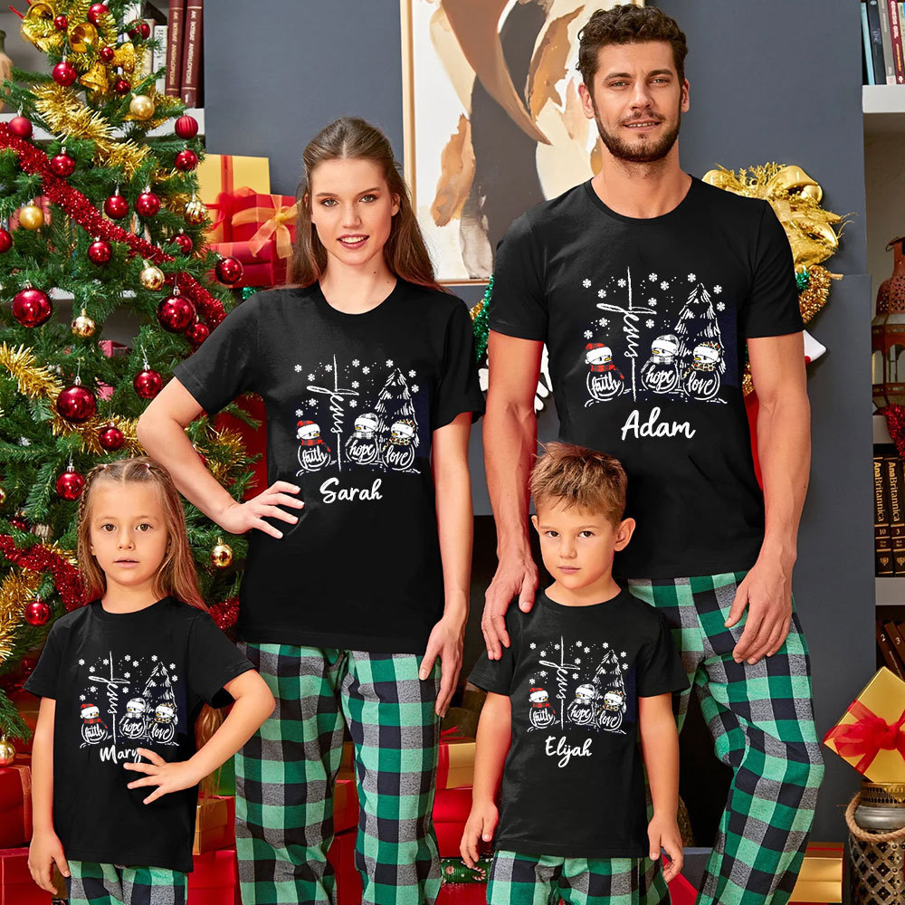Faith Hope Love Jesus Leopard Snowman Christmas Family Matching Shirt