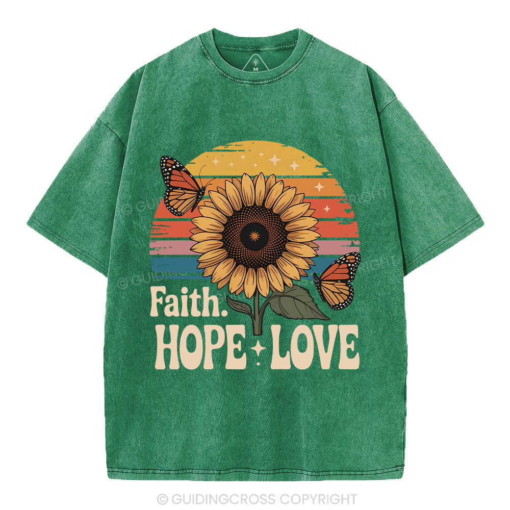 Faith Hope Love Sunflower Christian Washed T-Shirt