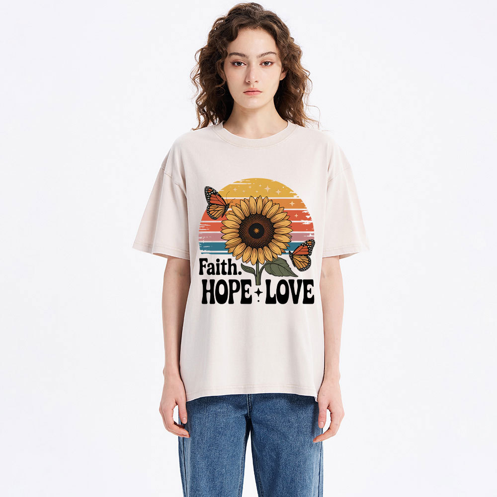 Faith Hope Love Sunflower Christian Washed T-Shirt