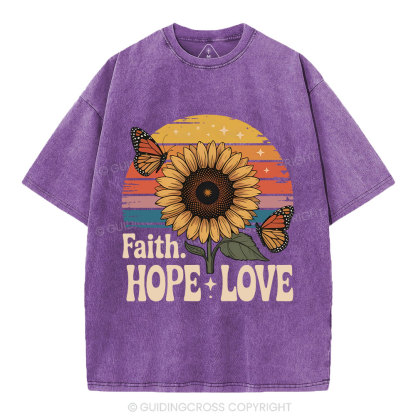 Faith Hope Love Sunflower Christian Washed T-Shirt