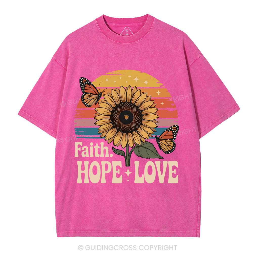 Faith Hope Love Sunflower Christian Washed T-Shirt