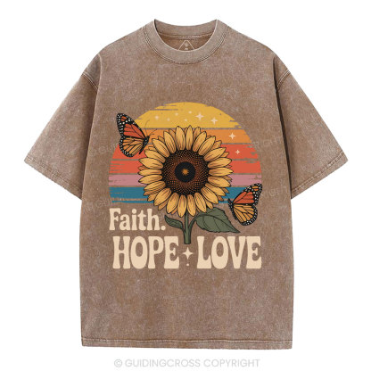Faith Hope Love Sunflower Christian Washed T-Shirt