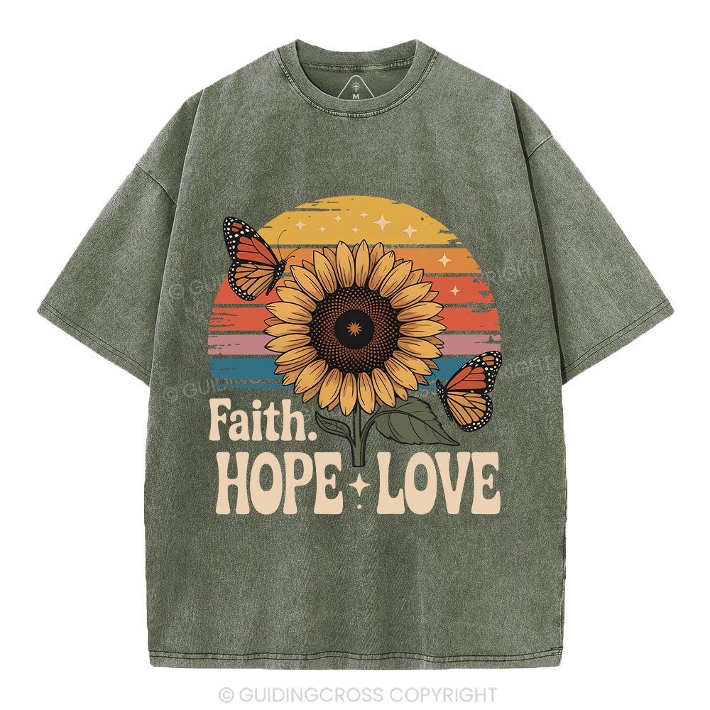 Faith Hope Love Sunflower Christian Washed T-Shirt