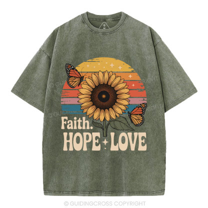 Faith Hope Love Sunflower Christian Washed T-Shirt